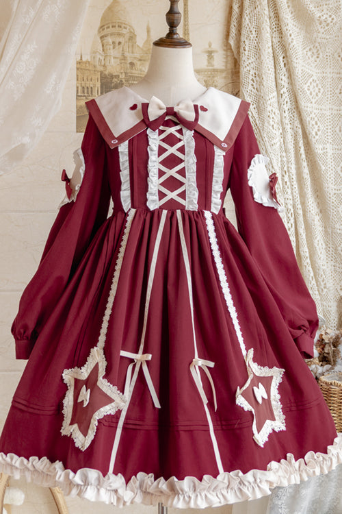 Round Collar Chiffon Ruffled Lantern Sleeves Pentagram Embroidered High Waisted Sweet Lolita OP Dress - Product - 7