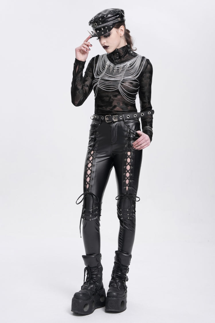 Black Lace-Up Ripped Rivet Women's Punk Pants - Product - 8