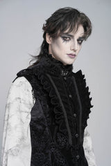 Black Stand Collar Sleeveless Jacquard Embroidered Buckled Pleated Men's Gothic Vest - Product - 7