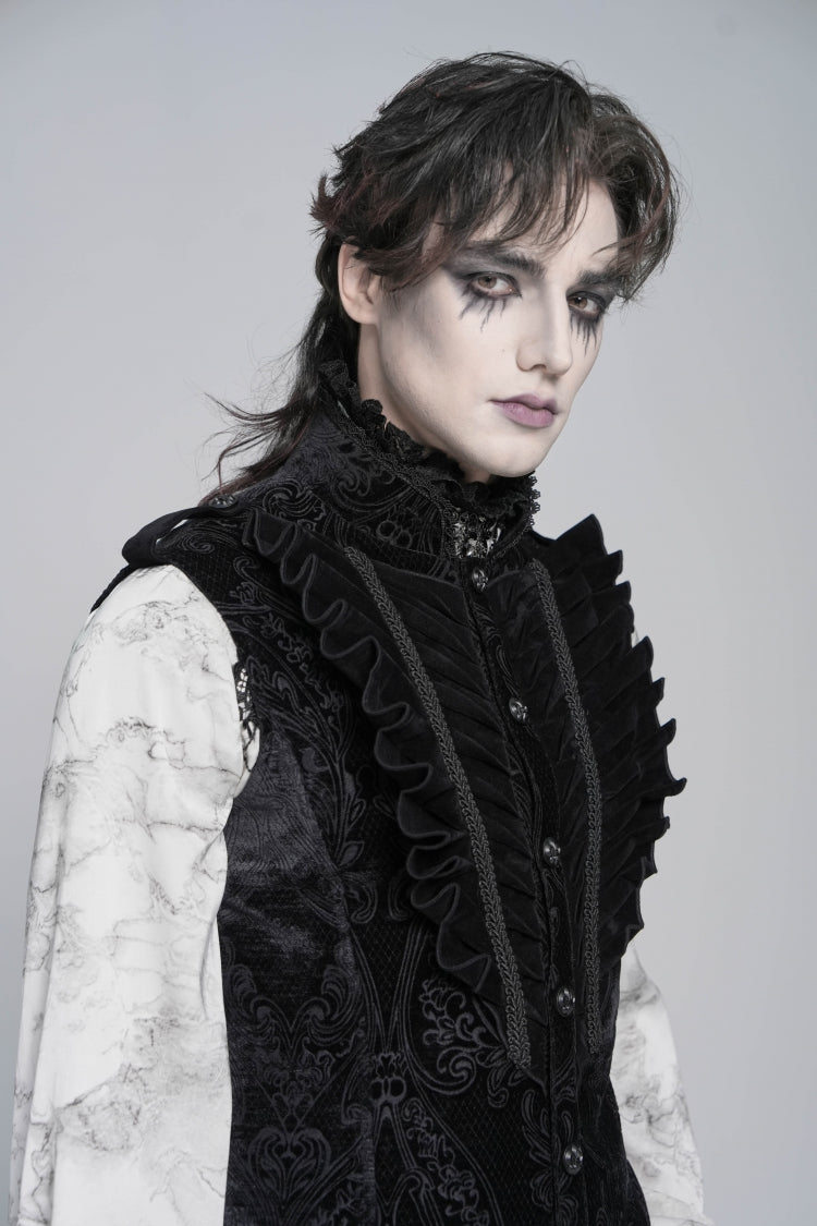 Black Stand Collar Sleeveless Jacquard Embroidered Buckled Pleated Men's Gothic Vest - Product - 7