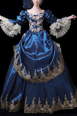 Trumpet Sleeves High Waisted Three Dimensional Flower Embroidery Print Victorian Lolita Prom Dress - Blue - 1