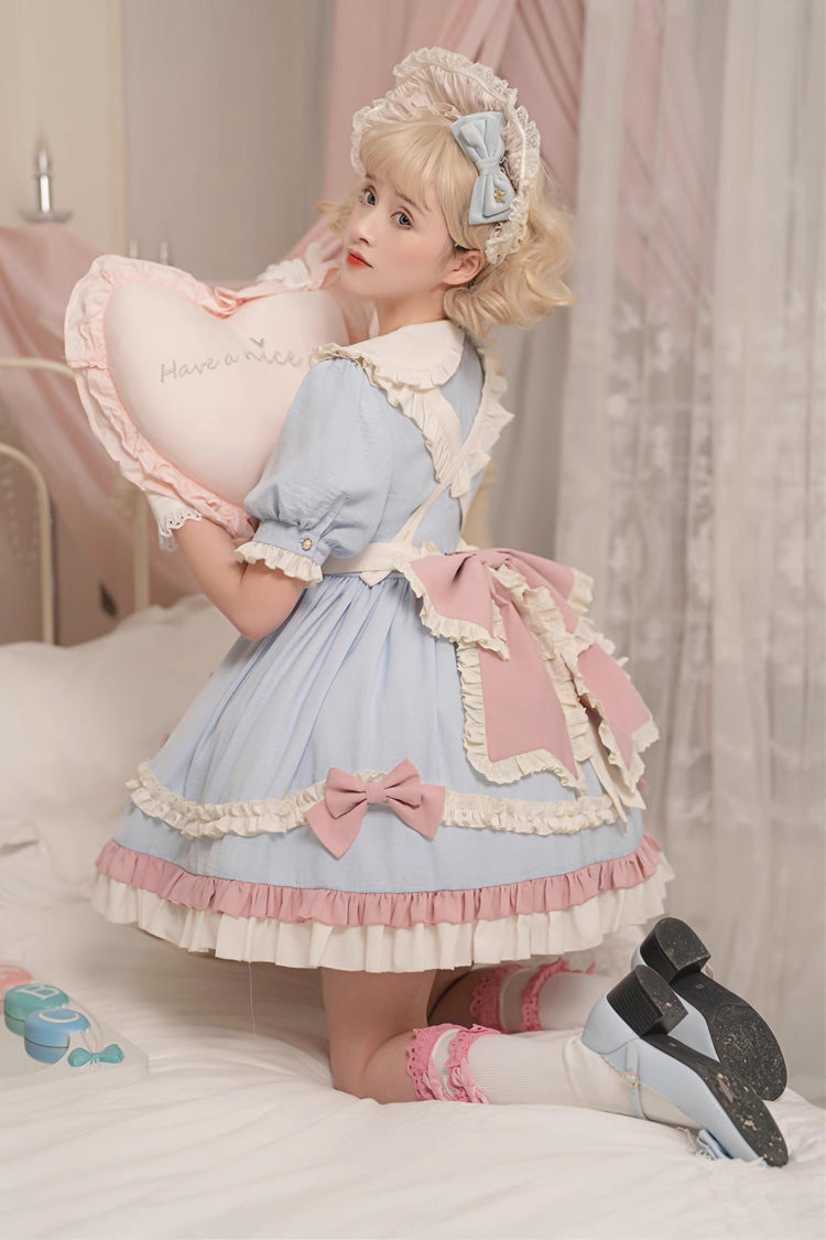 Blue Short Puff Sleeves Ruffle Bowknot Maid Sweet Princess Lolita Dress - Product - 10