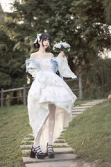White Boat Neck Multi-layer Ruffle Hanayome Bowknot Sweet Princess Lolita Strapless Dress - Product - 4