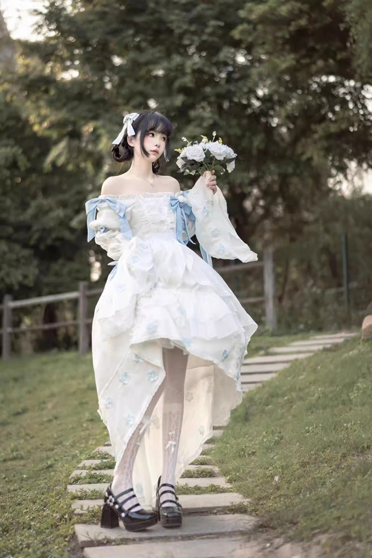 White Boat Neck Multi-layer Ruffle Hanayome Bowknot Sweet Princess Lolita Strapless Dress - Product - 4