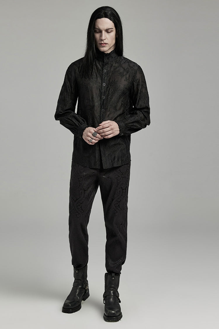Black Stand Collar Jacquard Embroidery Men's Gothic Blouse - Product - 4