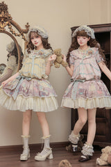 Pink [Brown Dollhouse] Short Sleeves Bear Printed Ruffled Bow Sweet Lolita Dress Set - Product - 8