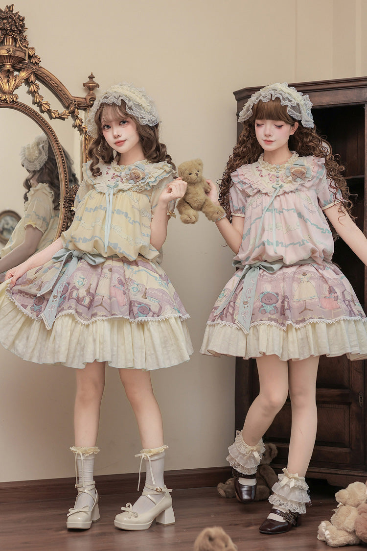Pink [Brown Dollhouse] Short Sleeves Bear Printed Ruffled Bow Sweet Lolita Dress Set - Product - 8