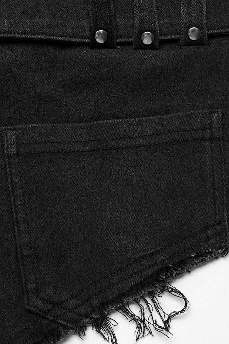 Black Denim Slim Buckle Eyelets Women's Steampunk Shorts - Product - 8