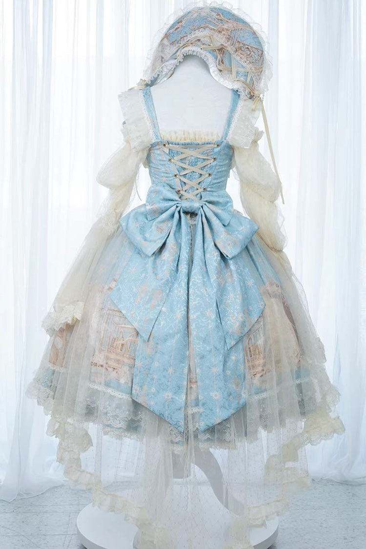Blue Unicorn Print Sleeveless Multi-Layered Embroidery Bowknot Lace Sweet (Dress Only) detail view 5