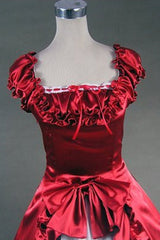 Red/White Cotton Square Collar Cap Sleeves Floor Length Pleats Bowknot Cardigan Victorian Gothic Lolita Dress - Product - 3