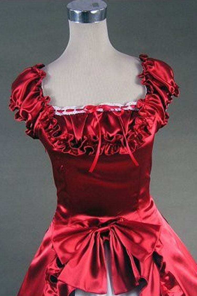 Red/White Cotton Square Collar Cap Sleeves Floor Length Pleats Bowknot Cardigan Victorian Gothic Lolita Dress - Product - 3