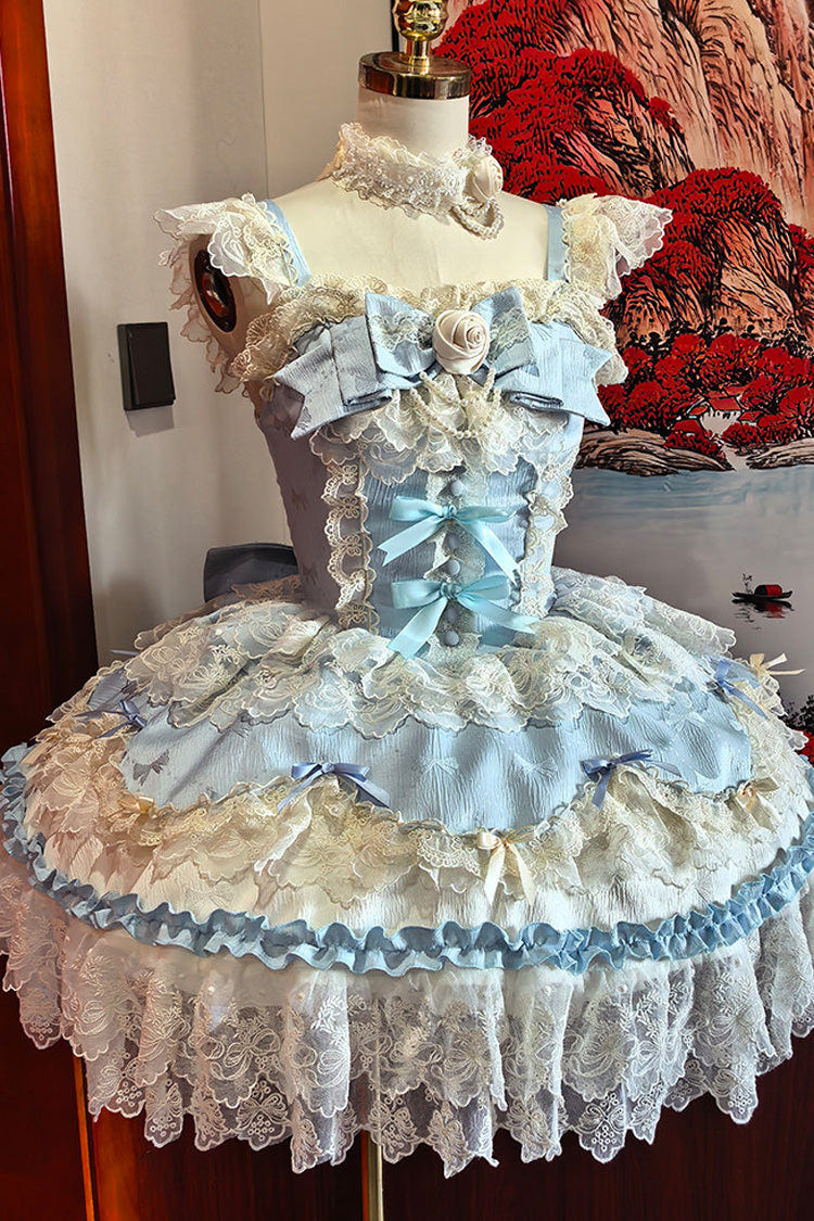 Blue [Rose Feather Romance] Square Collar Ruffled Bow Lace Ballet Sweet Lolita Jsk Dress - Blue - 1