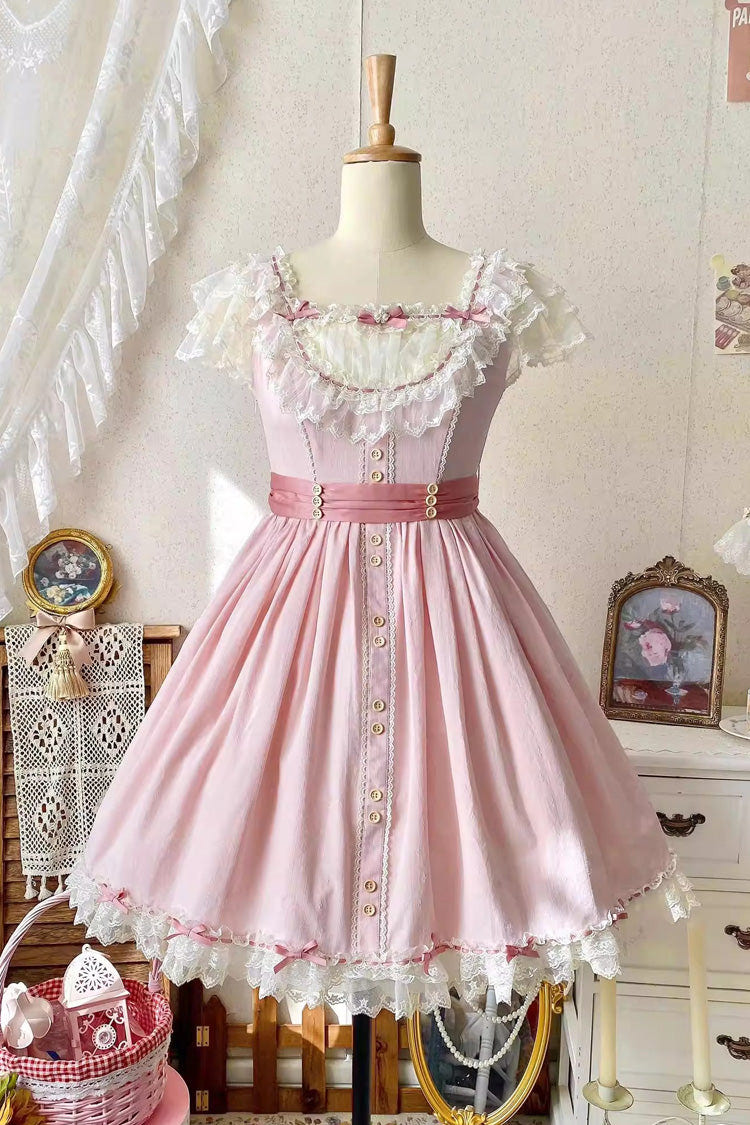 Pink [Sakura’s Spring Resonance] Sleeveless Ruffled Bow Sweet Lolita Jsk Dress (Short Version) - Product - 7