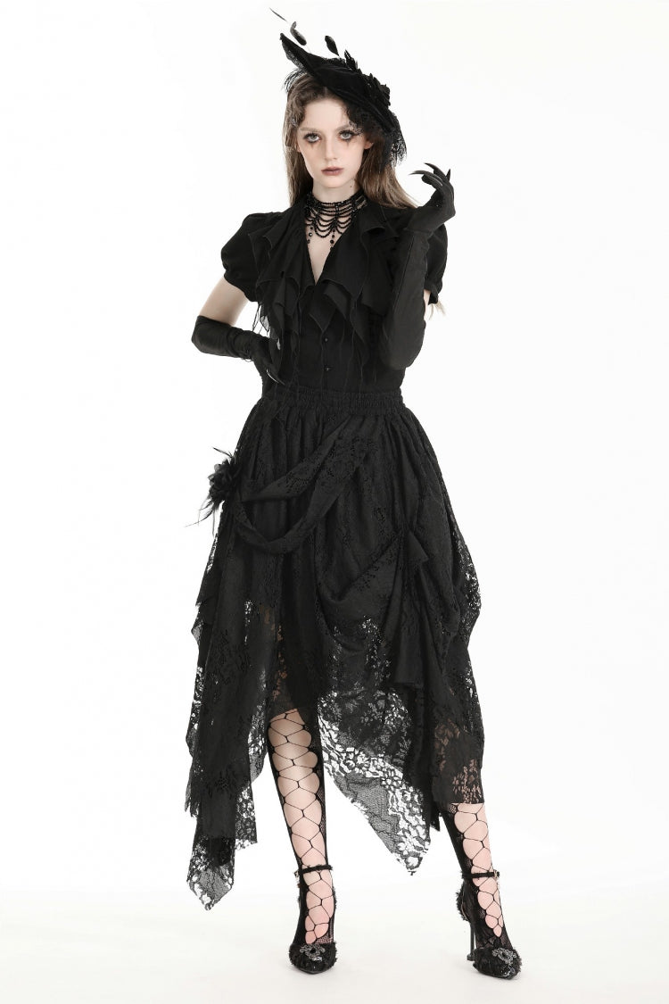 Black Women's Gothic Lace Irregular Distressed Hanky‑Hem Skirt - Product - 10
