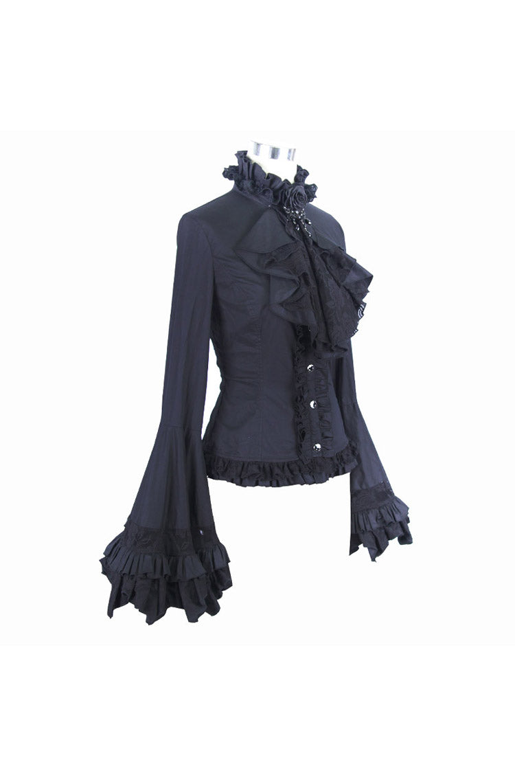 Black Vintage Ruffled With Trumpet Sleeves Women's Punk Blouses - Product - 5