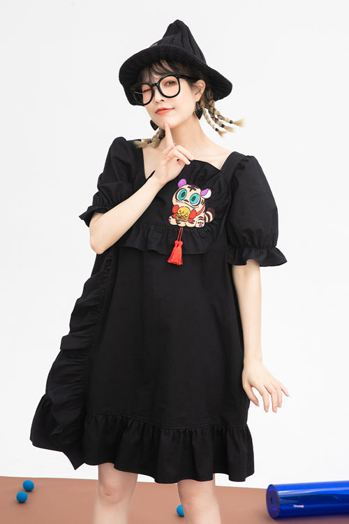 Black Ruffled Square Collar Cute Tiger Embroidered Bubble Short Sleeves High Waisted Sweet Lolita Dress - Product - 8