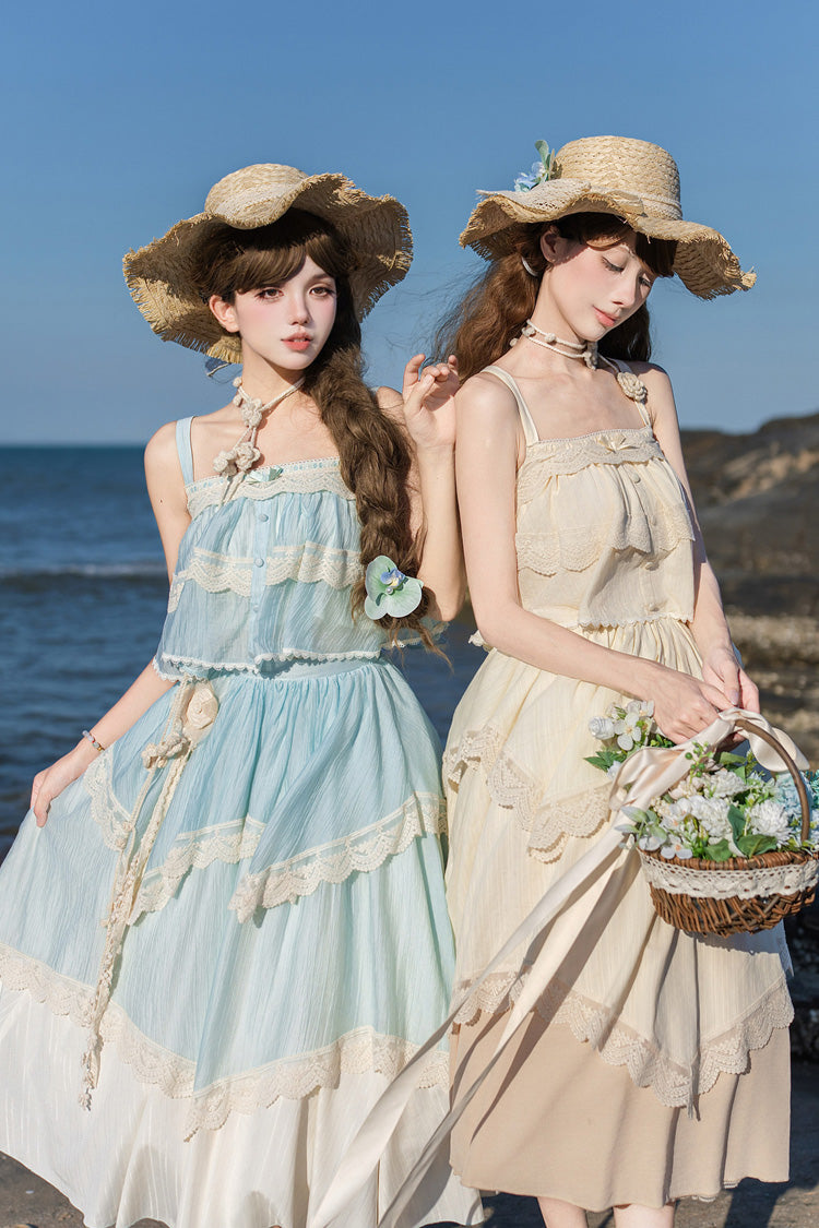 [Summer of Bluebells] Square Collar Sleeveless Jacquard Ruffled Asymmetric Sweet Lolita Skirt Set 2 Colors (Blue/Green, Ivory) - Product - 6