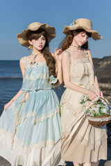 [Summer of Bluebells] Square Collar Sleeveless Jacquard Ruffled Asymmetric Sweet Lolita Skirt Set 2 Colors (Blue/Green, Ivory) - Product - 6