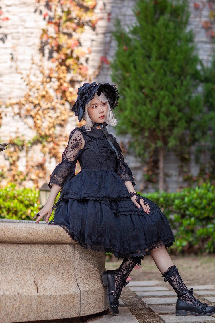 Black Solid Color Tower of Dawn Bowknot Sleeveless Ruffle Gothic Lolita Dress - Product - 6