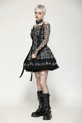 Grey Sleeveless Layered Lace Hem Plaid Women's Punk Party Slip Dress Graduation Dress - Product - 9