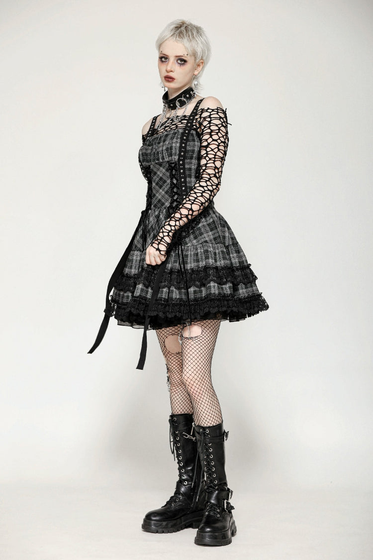 Grey Sleeveless Layered Lace Hem Plaid Women's Punk Party Slip Dress Graduation Dress - Product - 9
