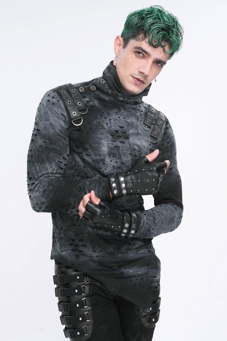 Black Studded Buckled Men's Punk Accessory Faux Leather Half-finger Gloves - Product - 7