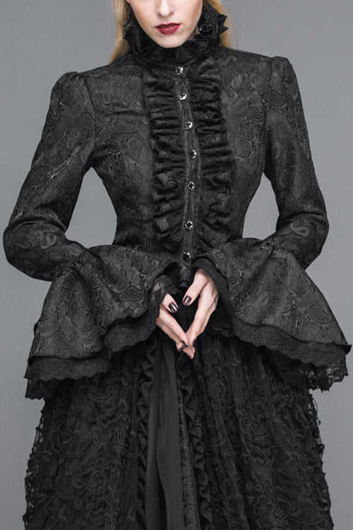 Black Trumpet Sleeves Lace Ruffled Vintage Print Womens Gothic Blouse - Black - 1