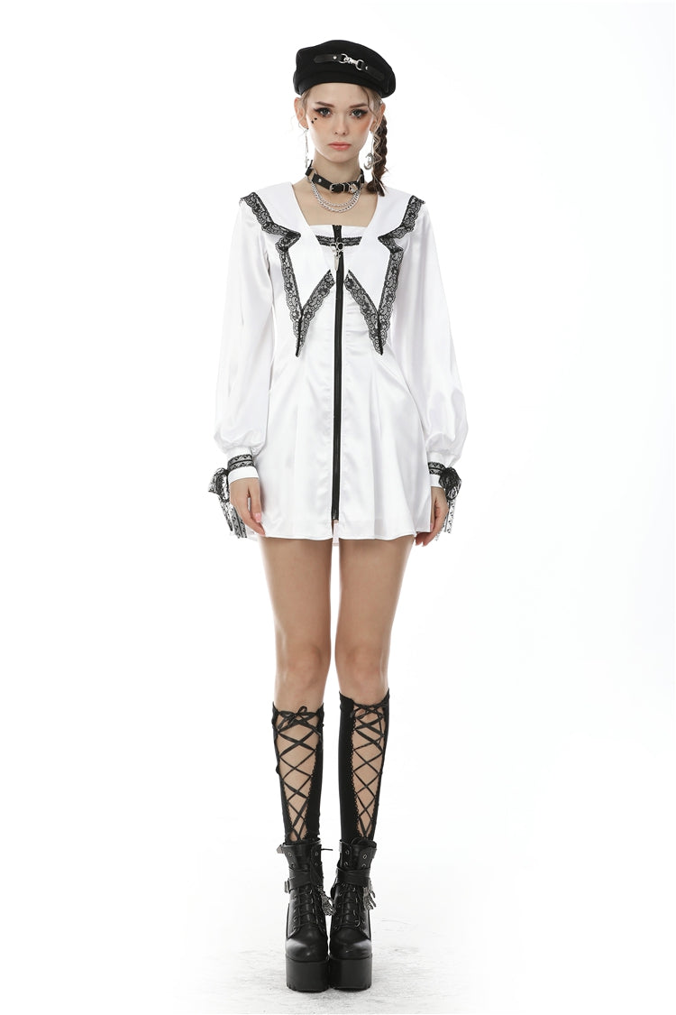 White Lapel Collar Long Sleeves Lace Lace-Up Zippered Women's Asceticism Dark JK Dress - Product - 5