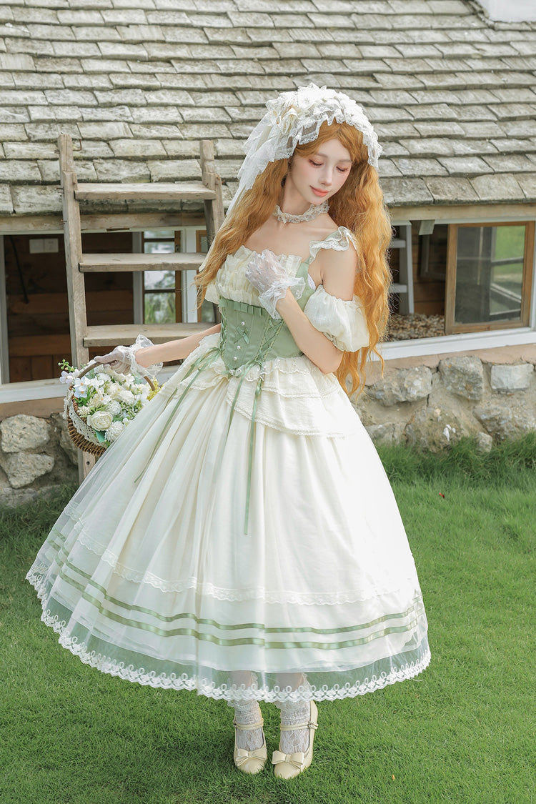 Green Square Collar Sleeveless Multi-Layered Ruffled Bow Lace Fishbone Sweet Lolita Jsk Dress 2 Versions - Product - 16