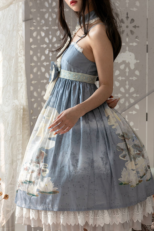 Blue Chinese Mythology Print High Waist Lace Trim Sweet Lolita JSK Dress - Product - 8