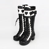 Black White Lace Bowknot Heart Shaped Round Toe Sweet Lolita High Boots - Product - 2
