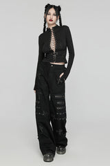Black Women's Punk Cross Patch Big-pocket Denim Pants - Product - 4