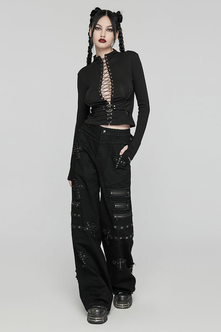 Black Women's Punk Cross Patch Big-pocket Denim Pants - Product - 4