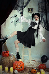 Black/White Lace High Collar Asymmetric Long Trumpet Puff Sleeves Bowknot Women's Lolita Gothic Short Dress - Product - 12