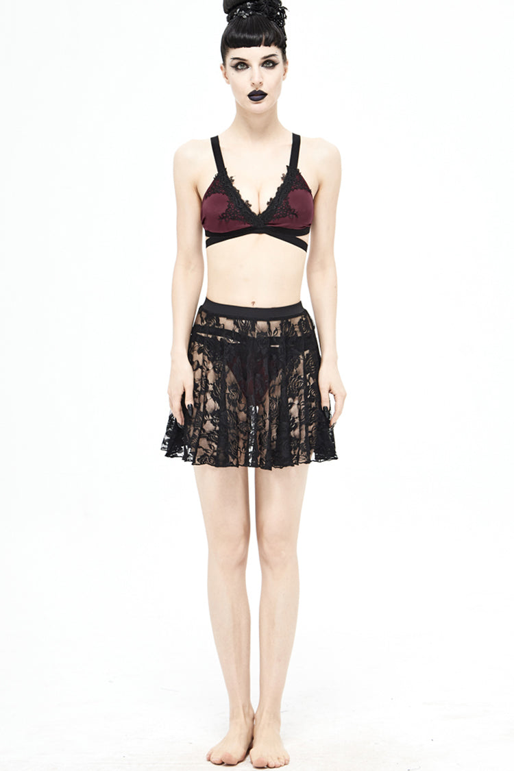 Black Lace Rose Mesh A-Line Women's Gothic Swimsuit Skirt - Product - 3