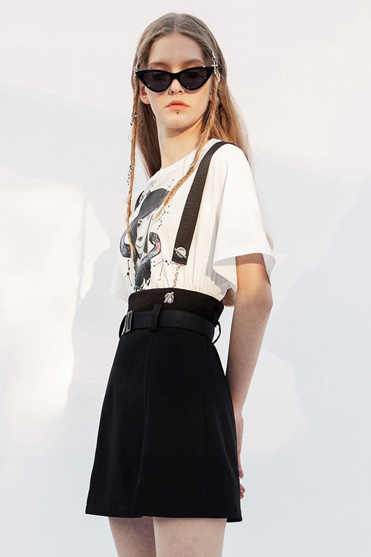 Black Metal Ring Shoulder-Strap Buckle Belt Split Hem A-Shaped Women's Punk Skirt - Product - 2
