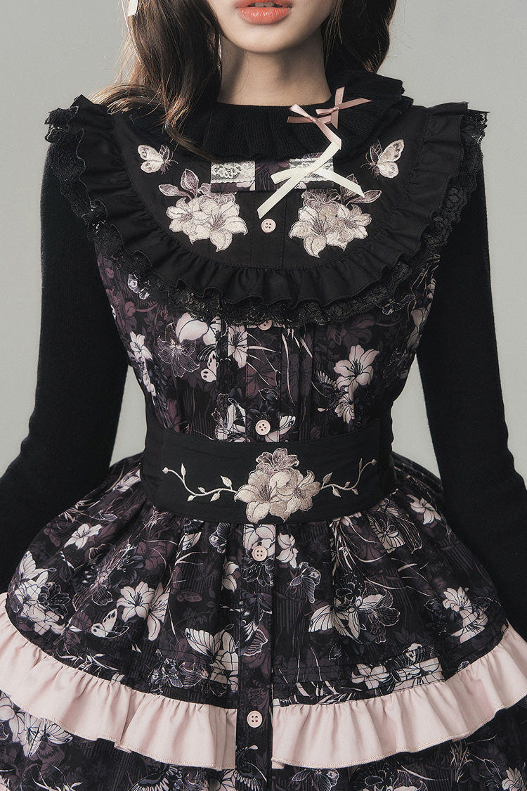 Black [Sacred Heart Lily] Round Collar Sleeveless Multi-Layered Printed Ruffled Embroidered Sweet Chinese Inspired Lolita Jumper Dress - Product - 14