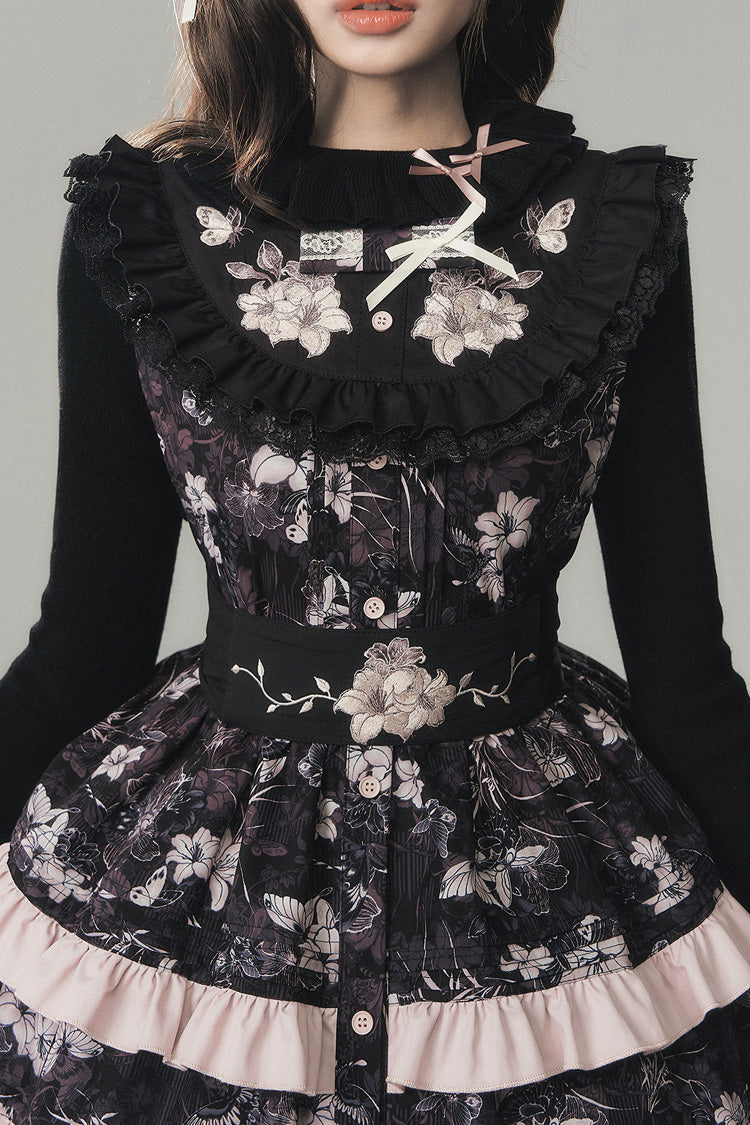 Black [Sacred Heart Lily] Round Collar Sleeveless Multi-Layered Printed Ruffled Embroidered Sweet Chinese Inspired Lolita Jumper Dress - Product - 14