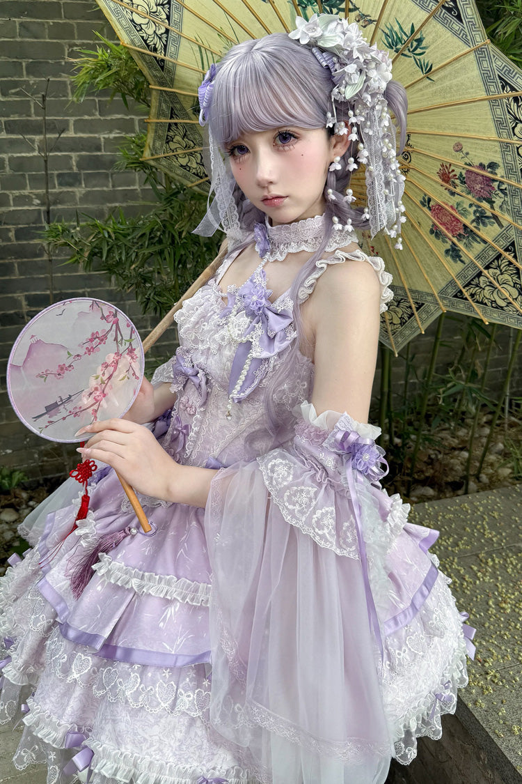 Purple [Prelude of Spring Cherry] Square Collar Sleeveless Multi-Layered Jacquard Ruffled Bow Lace Pearl-Decorated Sweet Lolita Jsk Dress - Product - 2