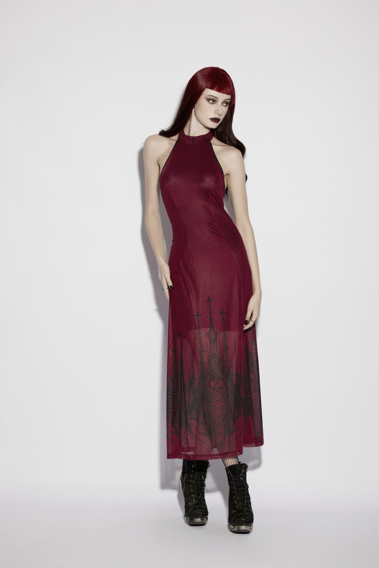 Red Halterneck Sleeveless Double-Layered Church Skull Printed  Printed Lace-Up Slim Women's Gothic Dress Graduation Dress - Product - 13
