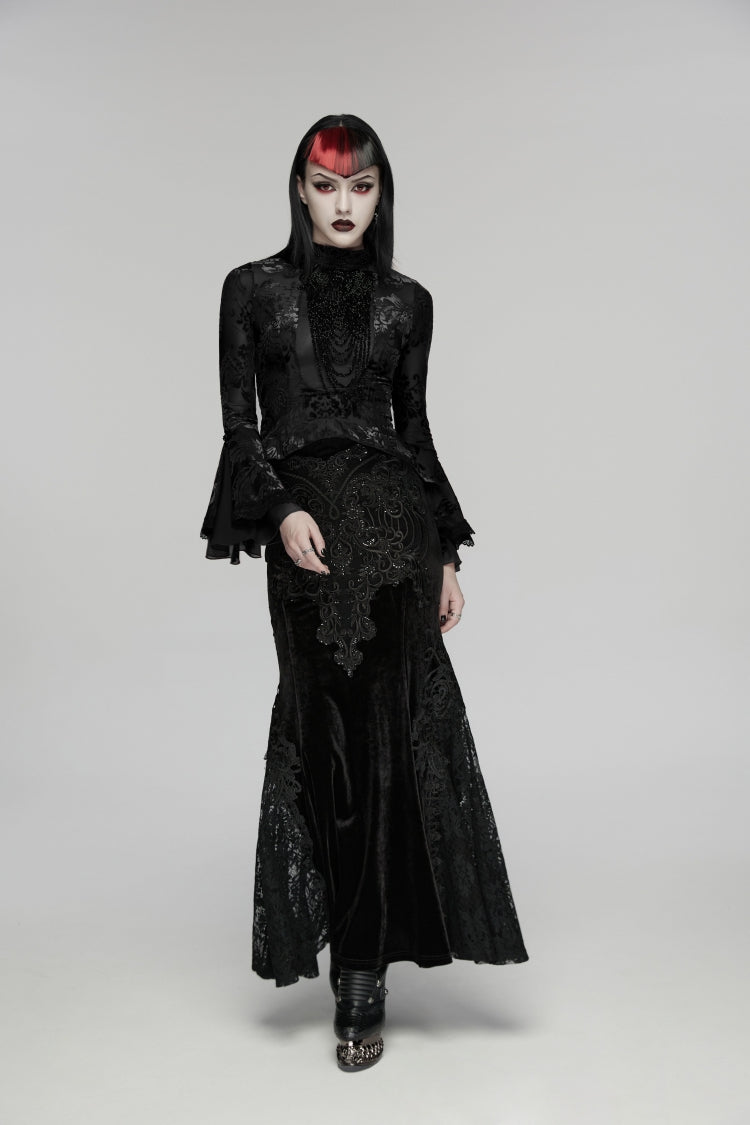 Black Stand Collar Long Trumpet Sleeves Jacquard Printed Lace Lace-Up Slim Pearl-Decorated Women's Gothic Palace Blouse - Product - 6