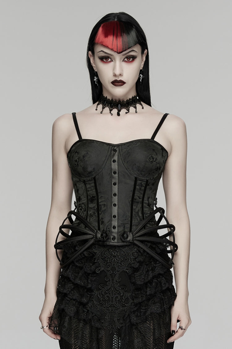 Black Sleeveless Rose Jacquard Lace-Up Women's Gothic Overbust Corset - Black - 1