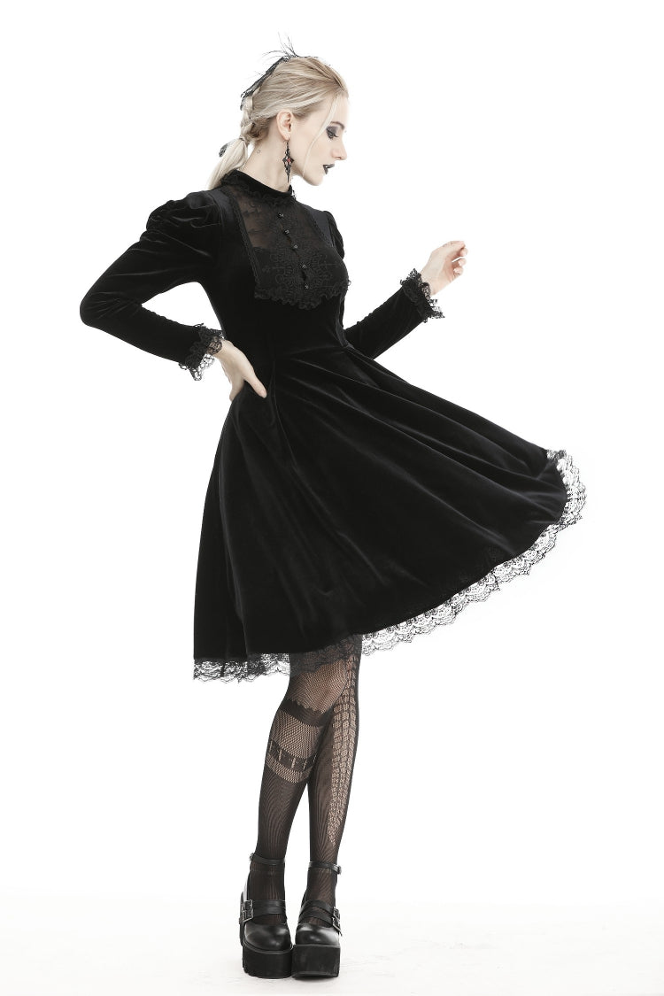 Black Lace Long Puff Sleeves Women's Gothic Velet Dress - Product - 5