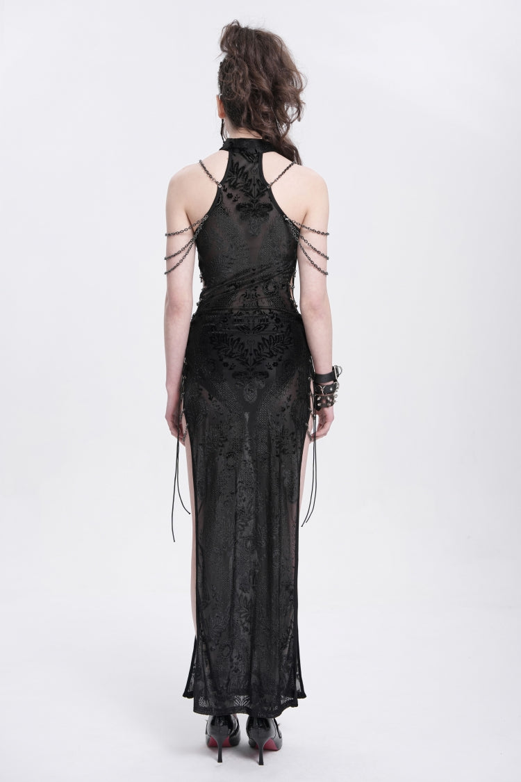 Black Halterneck Sleeveless Cheongsam Collar Side Slit Embroidery Women's Gothic Dress - Product - 10