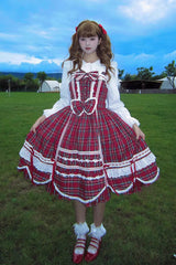 Red [Gingham Petal Bunny] Printed Ruffled Bow Sweet Lolita Jsk Dress - Product - 7
