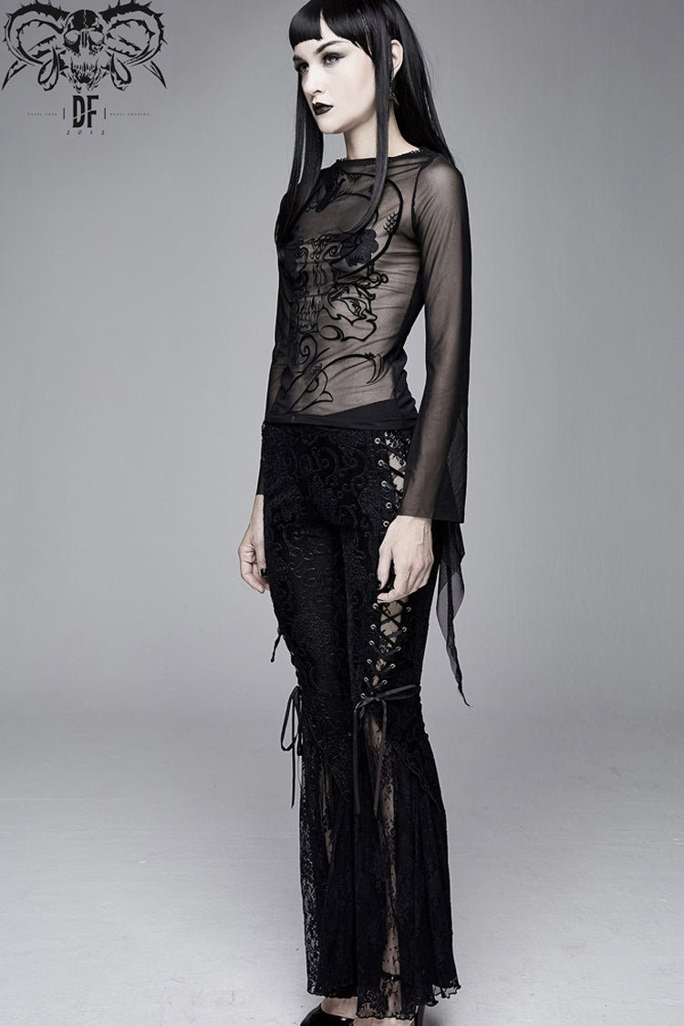 Black Mesh Horn Sleeve Snake Flocking Printed Women's Gothic Shirt - Product - 6