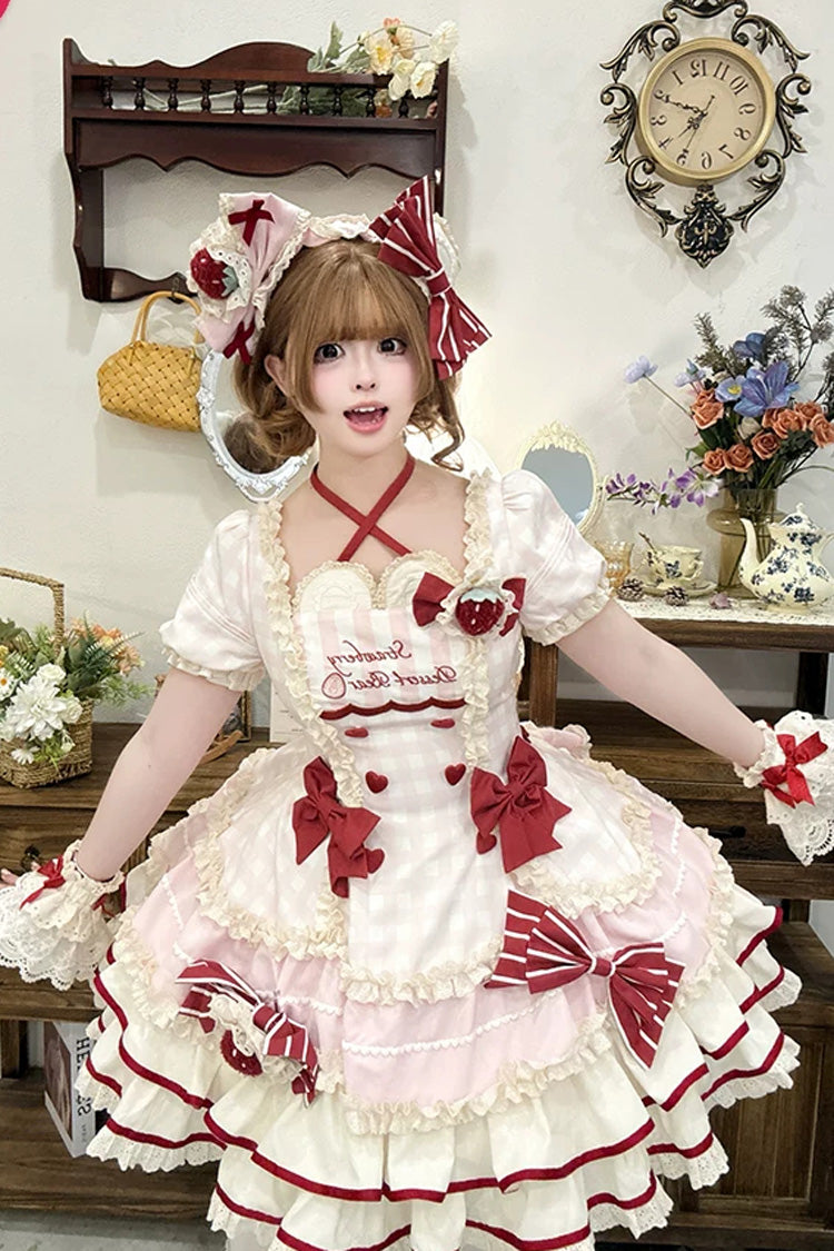 Pink [Sweetheart Strawberry Bunny] Square Collar Short Sleeves Triple-Layered Printed Ruffled Bow Sweet Lolita Dress - Product - 7