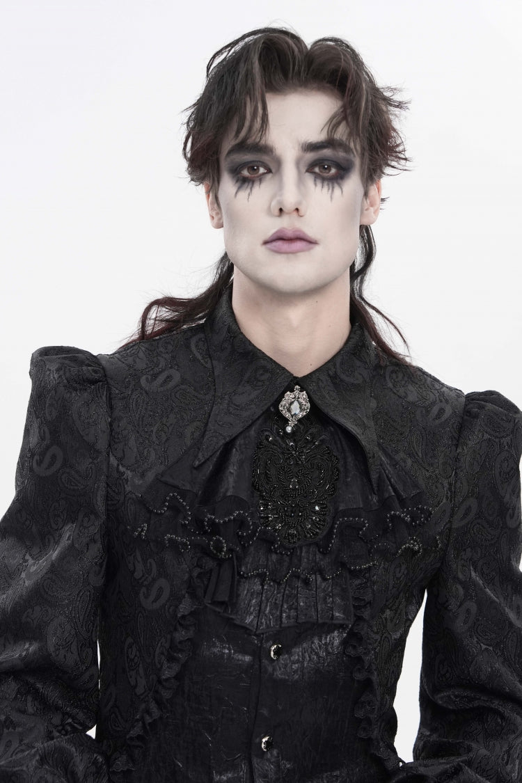 Black Printed Diamante Beaded Embroidered Patchwork Lace Men's Gothic Luxurious Royal Neckwear - Black - 1