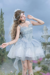 Blue [Spirit in the Mist] Square Collar Sleeveless Ruffled Pearl Detail Sweet Elegant Lolita Jsk Dress - Product - 2