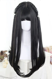 Natural Black Wispy Bangs Long Straight Sweet Daily Lolita Wig front view